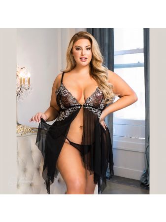 NaughtyBella Black Embroidery Transparent Baby Doll